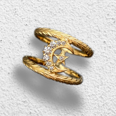 TIP RING PRONG W/CRESCENT MOON STAR 18K GOLD RING