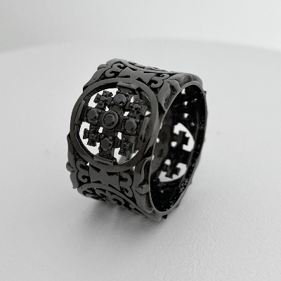 WIDE MEDIEVAL RING / SILVER / BLACK ZIRCONIA / BLACK RUTHENIUM