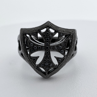 SMALL SHIELD RING / SILVER / BLACK ZIRCONIA / BLACK RUTHENIUM