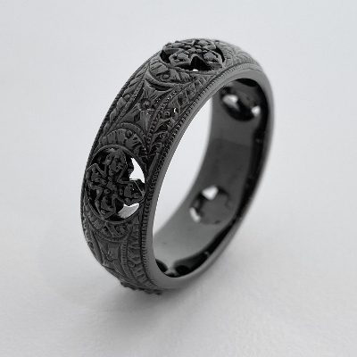 SMALL FLAT ENGRAVED BAND W/PRINCESS ROUND / SILVER / ZIRCONIA / BLACK RUTHENIUM